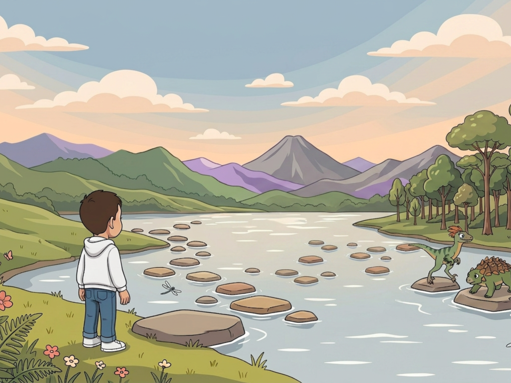 The child, drawn into a prehistoric valley