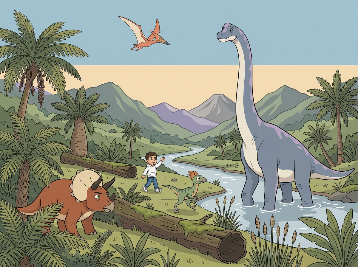 A prehistoric valley with a child and several dinosaurs